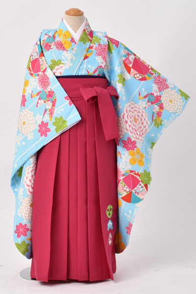 ジュニア袴【卒園式・女児／水色・大輪菊に折り鶴】