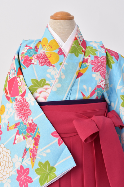 ジュニア袴【卒園式・女児／水色・大輪菊に折り鶴】