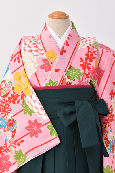 ジュニア袴【卒園式・女児／ピンク・大輪菊に折り鶴】