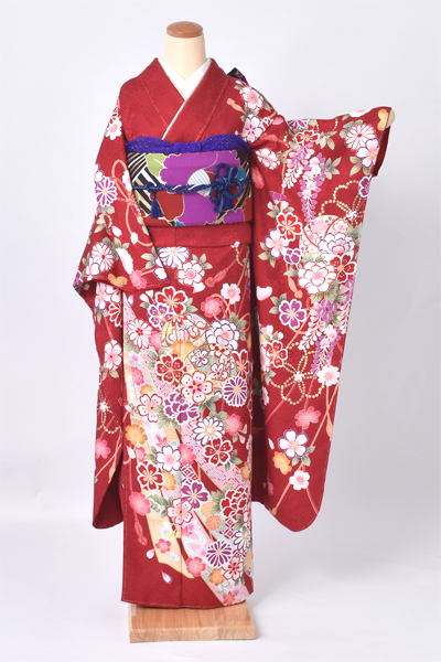 振袖【深紅に映える熨斗と花々】