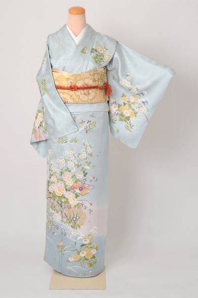 訪問着［京友禅・水浅黄地の流水に花模様］