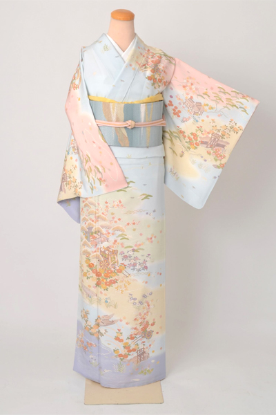 訪問着［京友禅・水色の御所車模様］