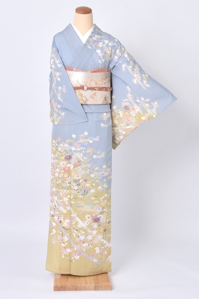 夏物〔花浅葱(はなあさぎ)に金茶の裾ボカシ〕