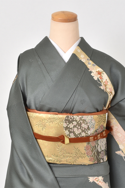 訪問着(渋いモスグリーン地・花々)