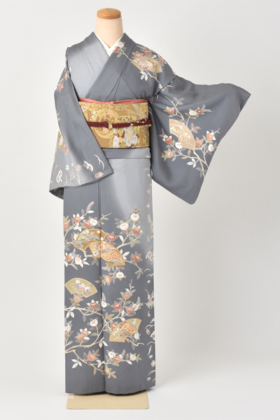 訪問着(ブルーグレー地・扇面柄)