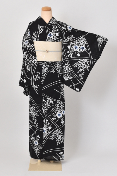 浴衣[黒・朝顔2L-3Lサイズ]