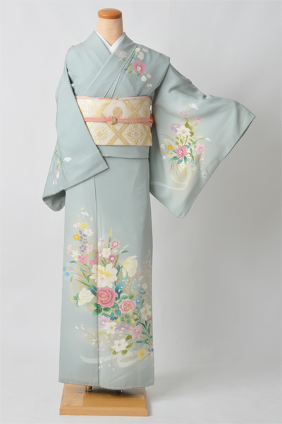 訪問着[ブルーグレー地に洋花]