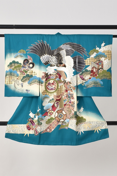 お宮参り　男児【ターコイズブルー地に鷹】