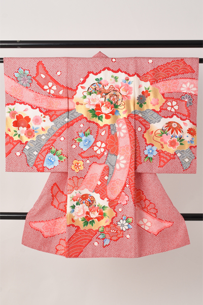 お宮参り　女児【絞り風絵柄・鼓、花々】