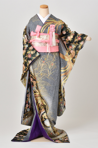 引き着 (グレー地・鳳凰に花)