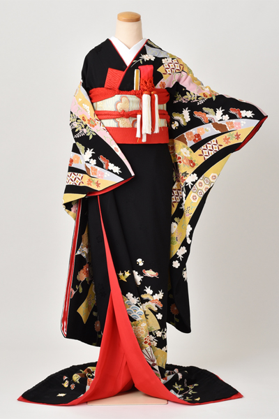 引き着(黒地・熨斗目と扇面)