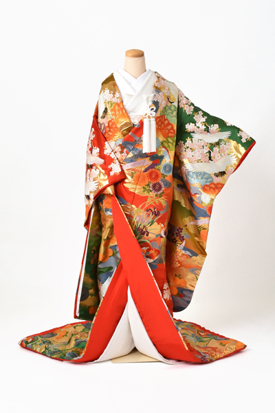 打掛(朱赤と緑地・鶴に花々)