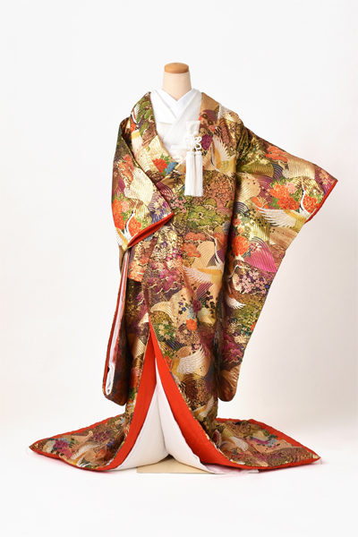 打掛(いぶした金赤地・波模様と鶴)