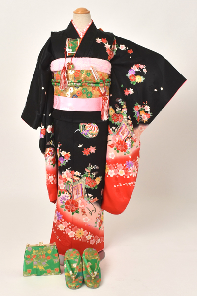 七歳祝着(黒、赤地・御所車とまり・正絹)