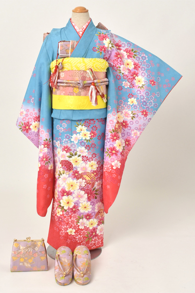 七歳祝着(水色、赤地・てまりと花々)