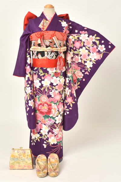 七歳祝着(紫地・くす玉と桜)