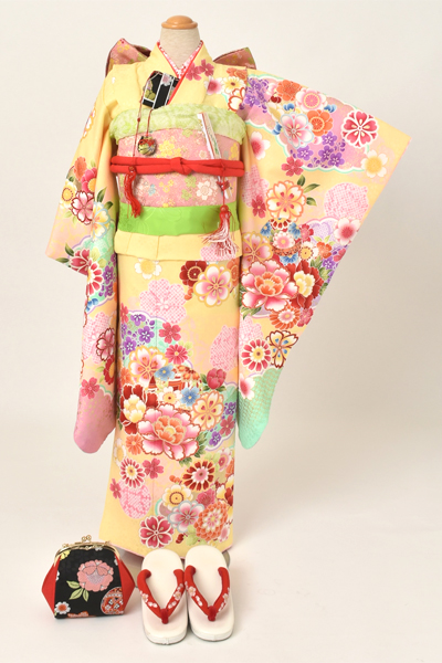 七歳祝着(レモン色にミントグリーン地・てまりと花々)
