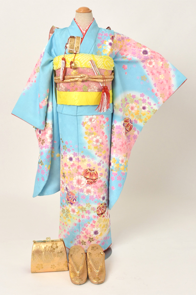 七歳祝着(水色地・てまりと桜)