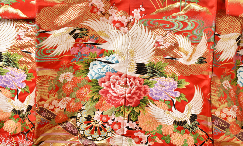 打掛(青、赤地・花車に鶴)