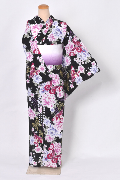 浴衣【ブラック×花・蝶】4Lサイズ