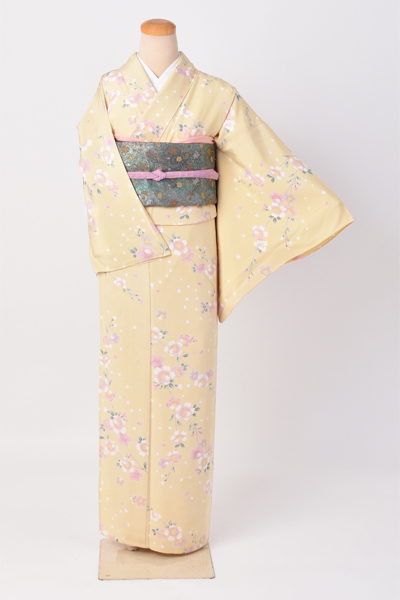 ひとえ_【友禅小紋・黄色地に桜柄】