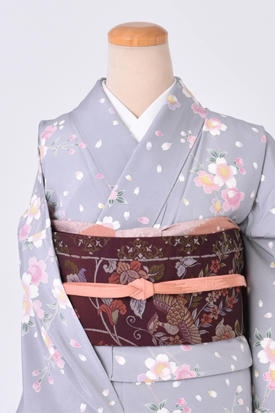 ひとえ_【友禅小紋・グレー地に桜柄】