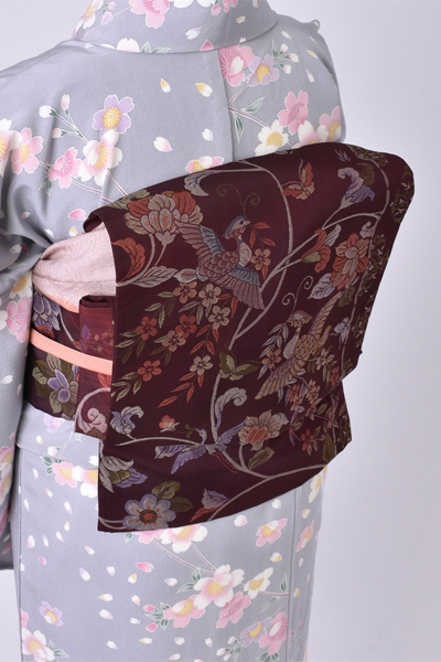 ひとえ_【友禅小紋・グレー地に桜柄】