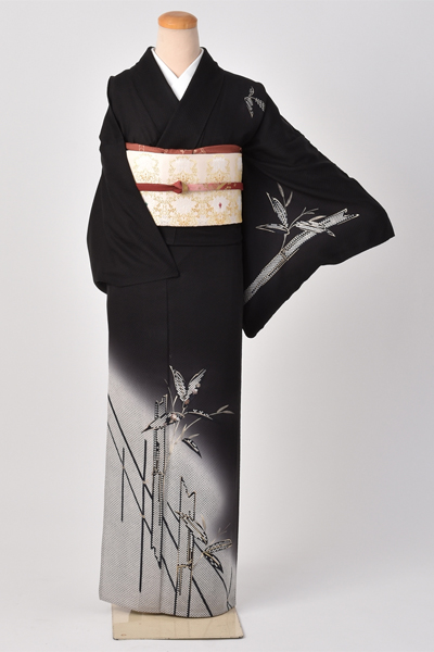 単衣訪問着[地紋のある黒地・竹]