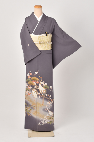 色留袖〔紫グレー地に白鶴〕