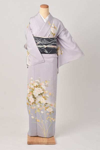 単衣訪問着[薄グレー地・ボタン]