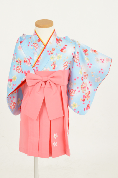 一歳女児袴【水色着物にピンク袴】