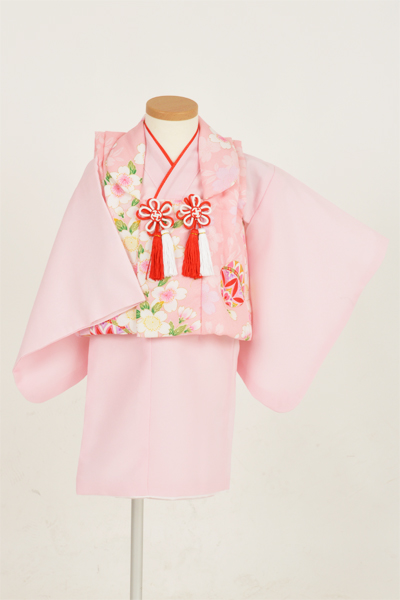 一歳女児被布【桜色の着物に桜と手毬模様の被布】