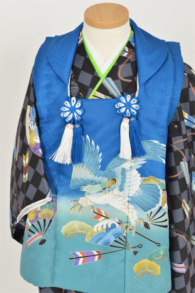 三歳男児被布【黒×グレー地着物に鷹の被布】