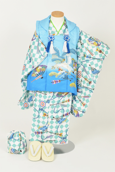 三歳男児被布【浅葱色×白お着物に鷹の被布】