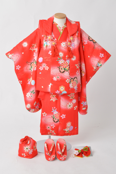 三歳女児祝着［正絹・赤・花車］