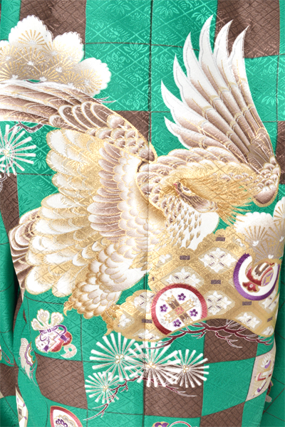 五歳祝着[緑変わり市松模様/鷹・松]