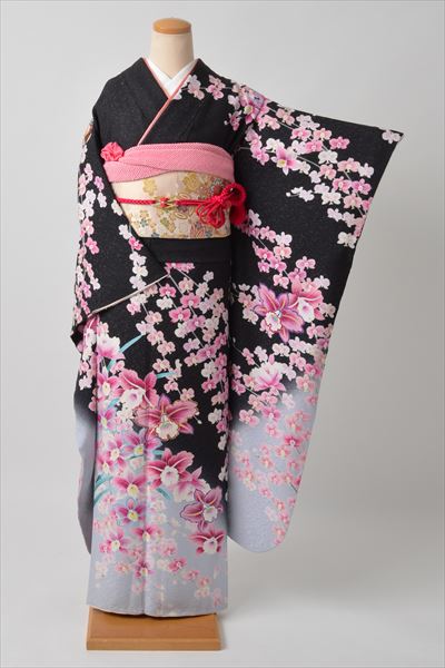 振袖(黒地・ミニ胡蝶蘭）