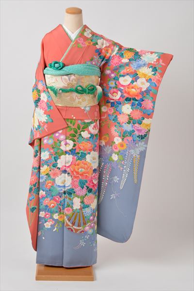 振袖（丹色×灰色・花）