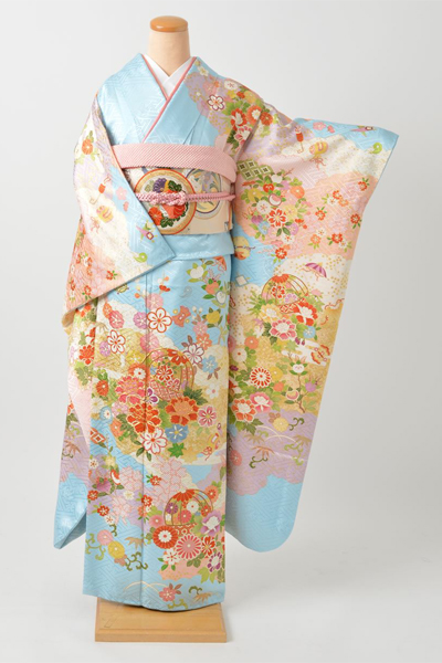 振袖（水色・春夏秋冬の花）