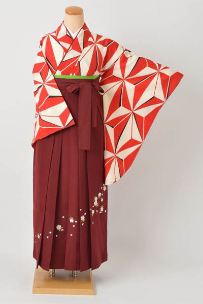 卒業袴｛白赤・幾何学模様］