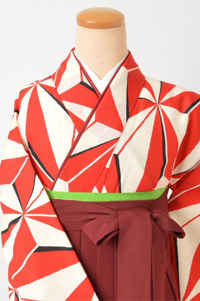 卒業袴｛白赤・幾何学模様］