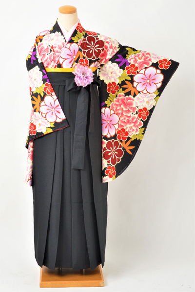 卒業袴［黒地に大きな花/黒・無地］