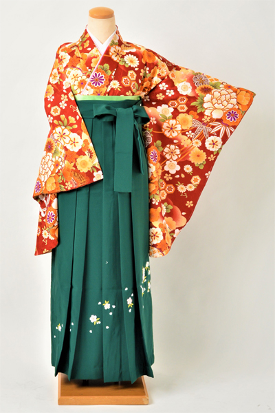 卒業袴［赤地に大小の花/緑・刺繍］