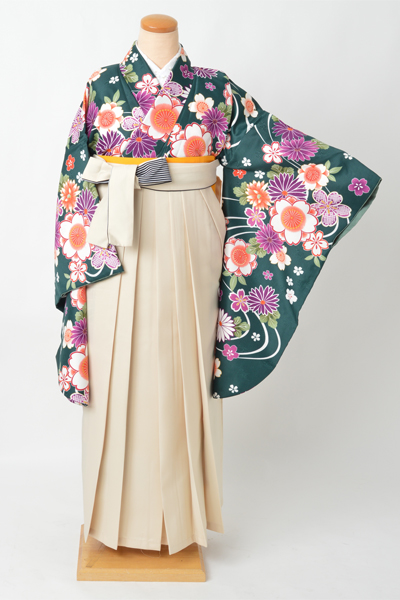 卒業袴【深緑・流水に花】