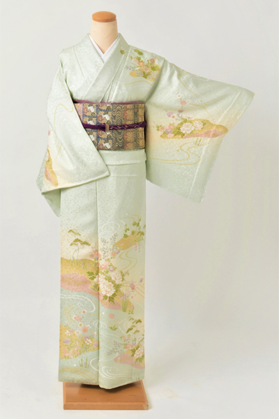 訪問着［淡緑色に木と花］