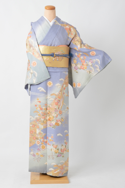 訪問着[青藤色地に菊・松竹梅　]