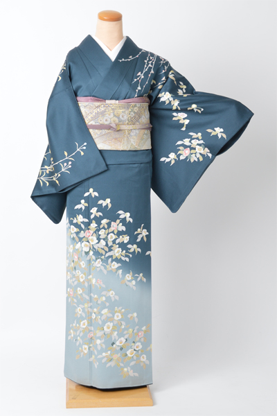 訪問着[花紺青色・椿]