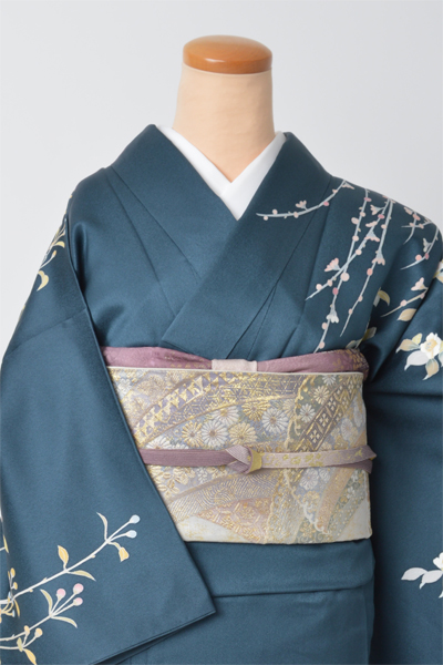 訪問着[花紺青色・椿]