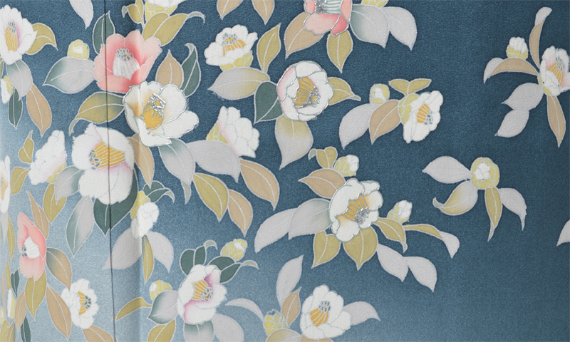 訪問着[花紺青色・椿]