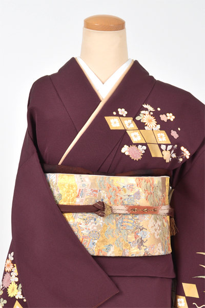 訪問着[茄子紺色地に花菱×陰抱沢瀉紋]